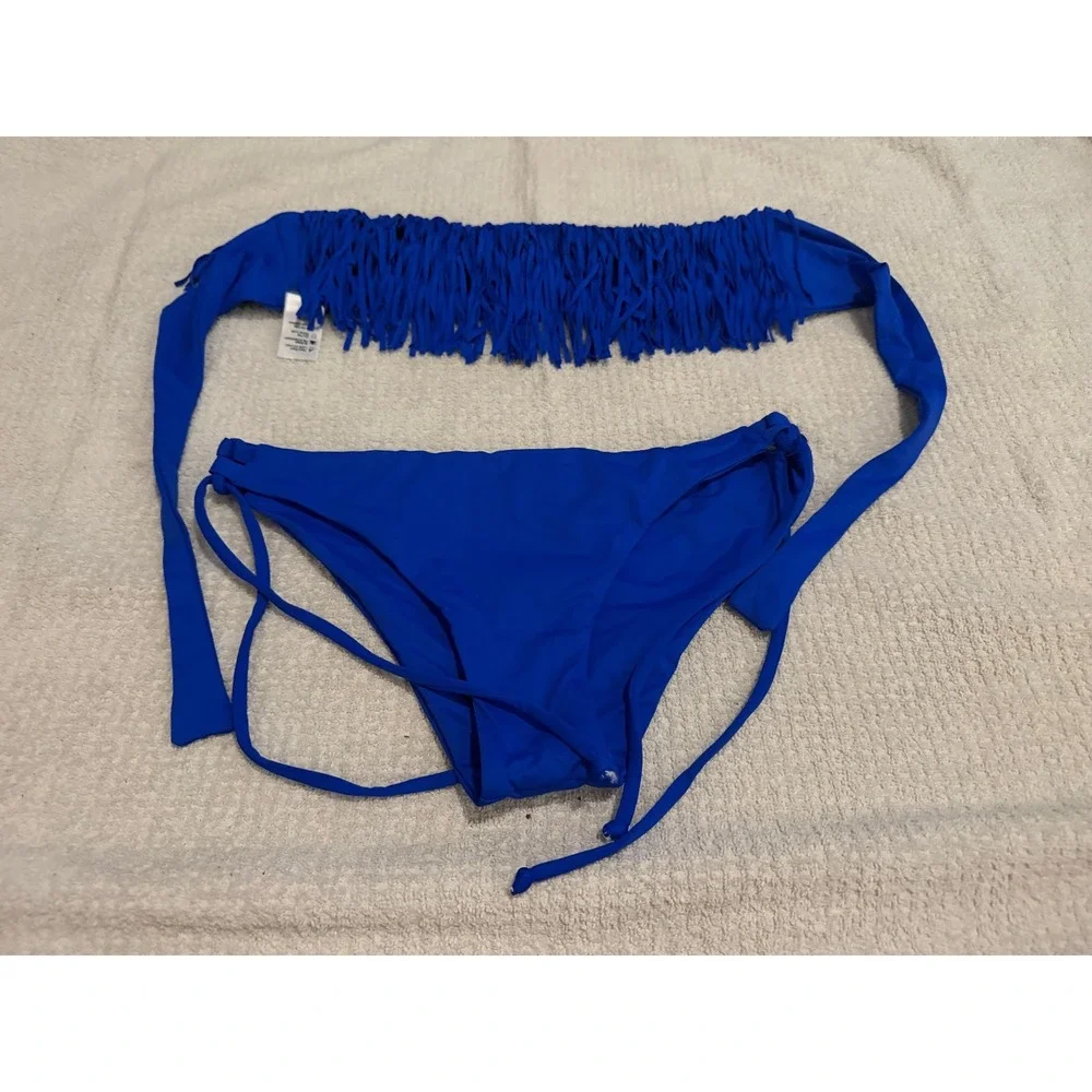 L*Space Royal Blue Fringe Bandeau Bikini Set Large Two Piece Swimsuit NWOT